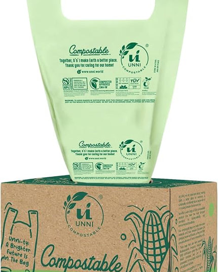UNNI Compostable T-Shirt Bags with Tie Handles, 2.6 Gallon / 9.84 Liter, 50 Count, 0.68 mil Small Kitchen Caddy Liners, Certified by BPI, CMA & OK compost HOME, Meets ASTM D6400