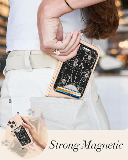Shorogyt Compatible with Magsafe Wallet Magnetic Card Holder - Line Flower Phone Wallets for Women Teen Girls Cute for iPhone 17/16/15/14/13/12 Series Slim for Apple Mag RFID Magnet, Fit 3 Cards