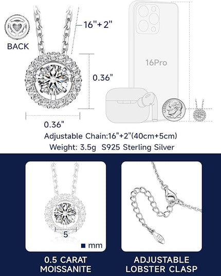 MomentWish Floating Necklace for Women, 0.5/1 Carat Dancing Moissanite Necklace for Her 925 Sterling Silver Pendant Anniversary Birthday Christmas Gift for Wife Mom Girlfriend