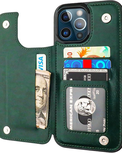 ONETOP Compatible with iPhone 13 Pro Max Wallet Case with Card Holder,PU Leather Kickstand Card Slots Case, Double Magnetic Clasp and Durable Shockproof Cover 6.7 Inch(Green)