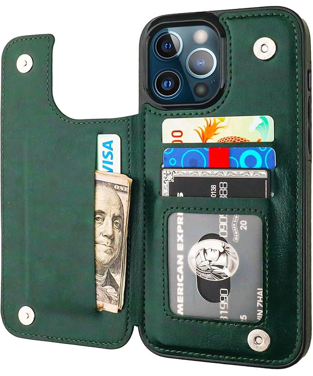 ONETOP Compatible with iPhone 13 Pro Max Wallet Case with Card Holder,PU Leather Kickstand Card Slots Case, Double Magnetic Clasp and Durable Shockproof Cover 6.7 Inch(Green)
