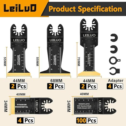 LEILUO 110 Pcs Oscillating Tool Blades Extra Long & Wide Titanium Multitool Blades for Wood Metal Oscillating Saw Blade with Storage Bag Compatible with DeWalt Milwaukee Dremel Makita and More