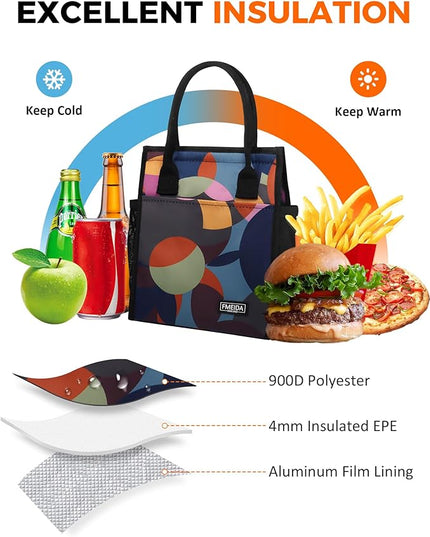 Fmeida Insulated Lunch Bag Women, 9L Large Lunch Bags with Multiple Pockets, Reusable Thermal Cooler Tote for Work, Office, Picnic, Travel | Hook and Loop Closure, Multicolor