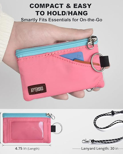 RFID Travel Wallet with Adjustable Lanyard-Zipper Small Wallet with ID Card Holder, Keychain for women&men-Minimalist Slim Waterproof Nylon case for ID, Cash, Key (Pink)