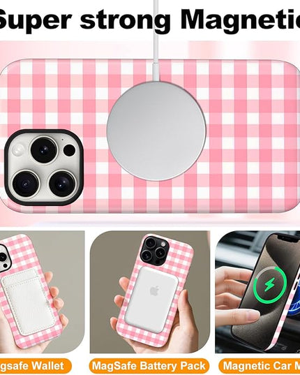 Magnetic for iPhone 15 Case Cute Checkered Stripes Phone Case for Women Girls, Shockproof Slim TPU and Hard PC Protective Phone Cover Compatible with MagSafe Designed, Red