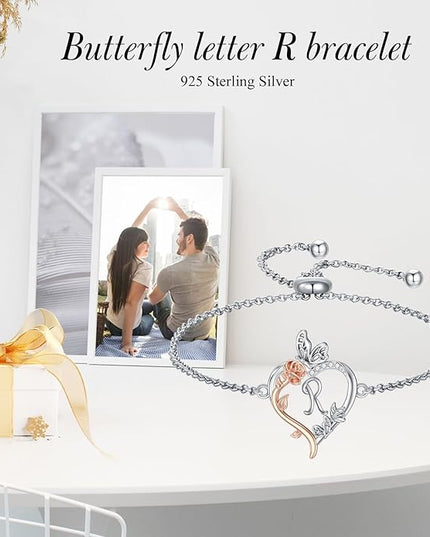 TOUPOP Gifts for Women Rose Heart Initial Bracelet 925 Sterling Silver Butterfly Letter Link Bracelet Love Jewelry Valentines Day Birthday Gifts for Her Wife Girlfriend Mom