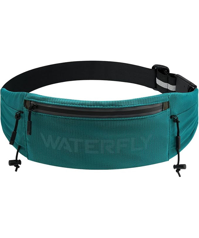WATERFLY Running Belt Fanny Pack: Breathable 3 Pocket Waist Bag for Men Women Workout Exercise Fitness Phone Holder Fits All Phones - Runner Marathon Jogging Race Belt with Bib Clip Green