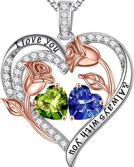 Iefil Christmas Gifts for Women Wife - 925 Sterling Silver Rose Heart Birthstone Necklace Birthday Anniversary Jewelry Gifts for Her Wife Mom Daughter