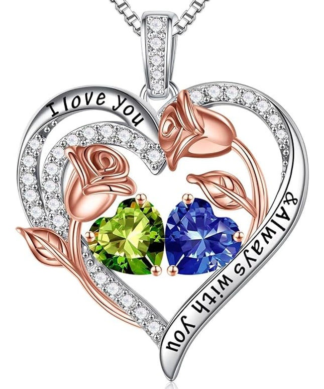 Iefil Christmas Gifts for Women Wife - 925 Sterling Silver Rose Heart Birthstone Necklace Birthday Anniversary Jewelry Gifts for Her Wife Mom Daughter
