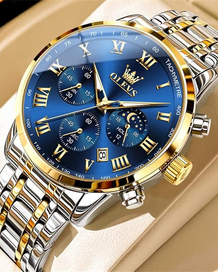 OLEVS Mens Watch Luxury Big Face Stainless Steel Analog Quartz Multifunctional Waterproof Luminous Date Two Tone Fashion Dress Wrist Watches for Man