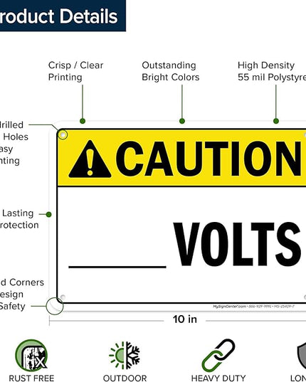 Caution Volts Sign, 10x7 Inches, 55 mil thick HDPS (high density polystyrene), Made in USA by My Sign Center