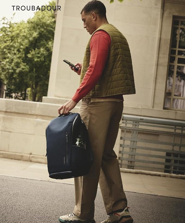 Troubadour Pioneer Backpack 3.0 - Premium Everyday Bag with Padded Laptop Section, Ventilated Shoe Compartment & Sustainable Waterproof Material - All-Day Lightweight Comfort Design - Navy