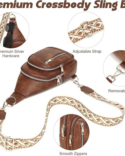 Sling Bag Crossbody Backpack - 2 in 1 Leather Cross Body Bag Fanny Pack with 2 Removable Straps