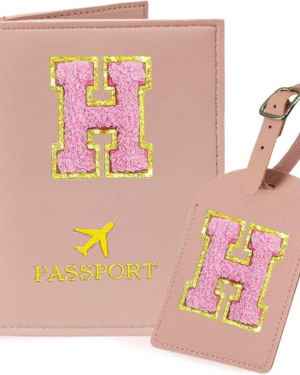 COSHAYSOO Initial Passport Cover Luggage Tag Set Pink Passport Holder, Airplane Cruise Travel Essentials Vacation Traveling Accessories Personalized Gifts for Women Teen College Girls Letter H