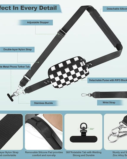 Clip and Go Strap for Phone with Wallet Crossbody, Adjustable Phone Lanyard with Detachable RFID Wristlet Wallet, Phone Strap with Phone Tabs for All Phones, Black Checkered (L)