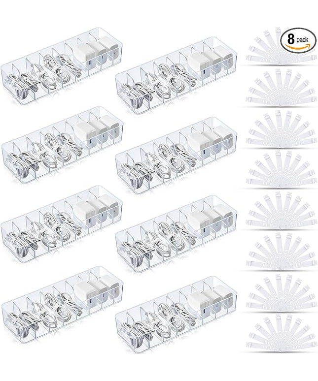 Tatuo 8 Pcs Cable Organizer with 80 Wire Ties, Plastic Cord Storage Charger Box Electronics Organizer with Adjustment Compartments Cable Storage for Drawer Home Office Desk Accessories (Clear)