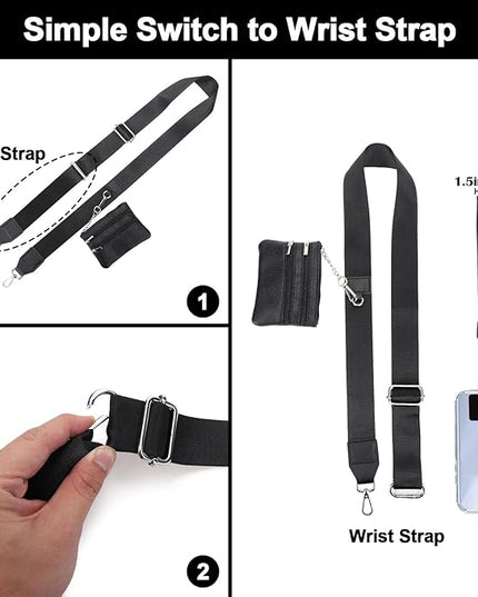 XANGNIER Clip and Go Strap for Phone with Wallet Crossbody, Phone Strap with Zippered Wallet, Adjustable Anti Theft Cellphone Lanyard for Women, Cellphone Chain Accessories, Black