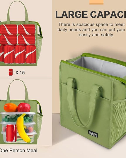 Fmeida Insulated Lunch Bag Women - 12L Leakproof Womens Lunch Tote w Zipper Reusable Lunch Bags Thermal Cooler Tote Multipocket for Work Hiking Beach Picnic | Light Green