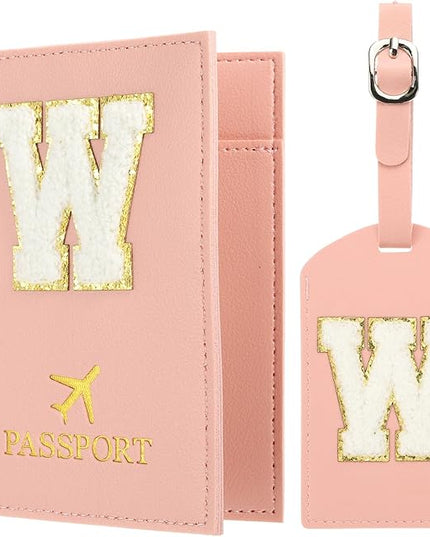 PATIKIL Passport Holder for Travel, Initial Passport Cover and Luggage Tag Set with Alphabet Chenille Letter Patch Travel Wallet Bag Suitcase Identifier for Women Family Travel Pink W