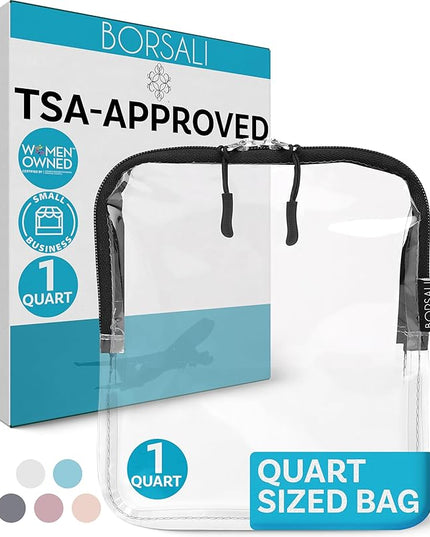 BORSALI TSA Approved Toiletry Bag - Clear Quart Size for 3-1-1 LIquids for Carry On Travel - Toiletries Organizer - Cosmetic Pouch with Zipper - Travel Accessories