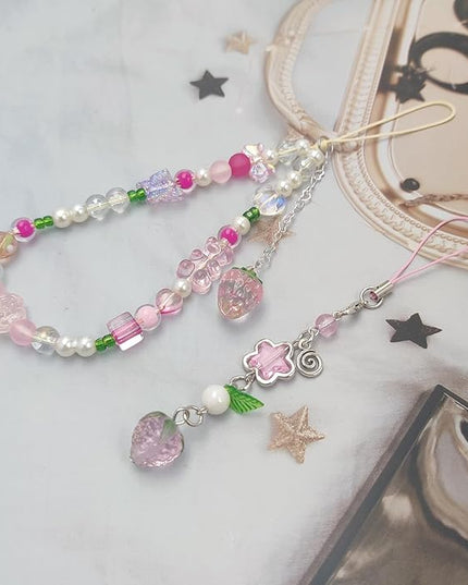 2 Pack Phone Charms, Cute Aesthetic Beaded PhoneCharm Strap Phone Lanyard String PhoneChain Accessories for Bag Keychain Airpods Camera Pendants