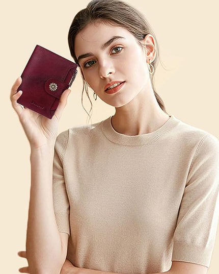 Blucoay Wallet Women,RFID Blocking Real Leather Womens Wallet Bifold Compact Card Holder Small Wallet for Women with Removable ID Window Red