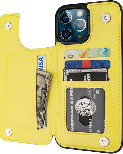 ONETOP Compatible with iPhone 13 Pro Max Wallet Case with Card Holder,PU Leather Kickstand Card Slots Case, Double Magnetic Clasp and Durable Shockproof Cover 6.7 Inch(Yellow)