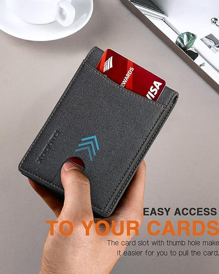 RUNBOX Slim Wallet for Men Genuine Leather RFID Blocking Bifold Minimalist Front Pocket Mens Wallet with Money Clip Thin Gift Box