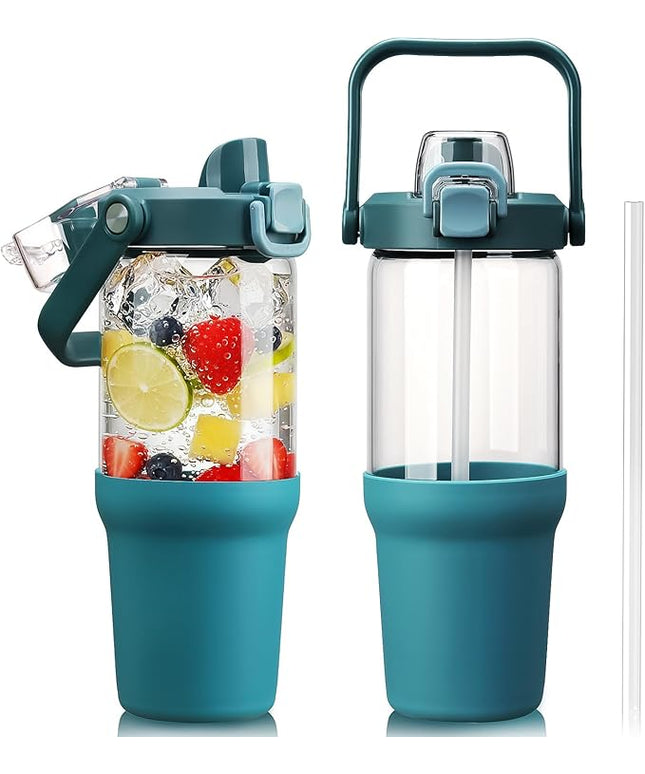 Glass Tumbler with Carry Handle, Clear Glass Water Bottle with Leakproof Lid, Spout Lid&Straw, BPA-Free, 32 oz, Peacock Blue