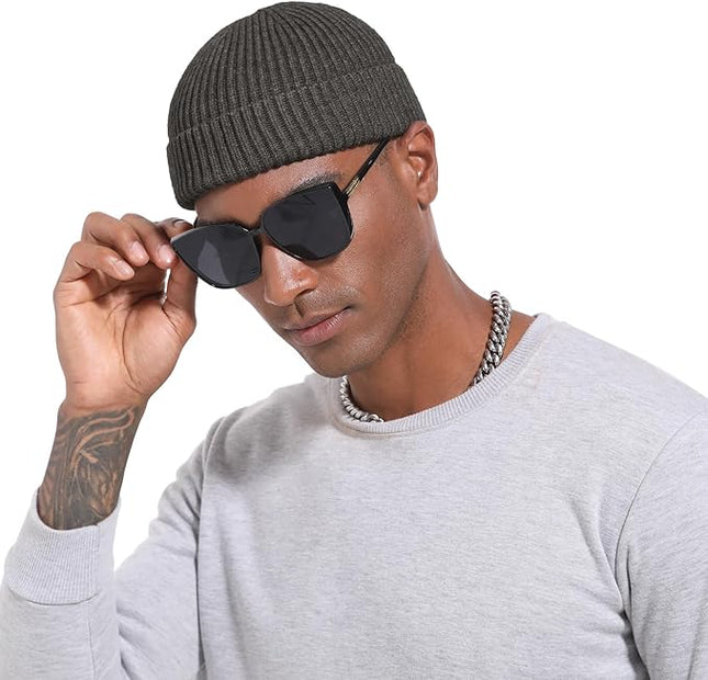 ROYBENS Swag Wool Knit Cuff Short Fisherman Beanie for Men Women, Winter Warm Hats