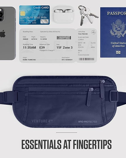VENTURE 4TH Money Belt for Travel – Hidden Under-Clothes RFID Blocking Passport Holder & Slim Travel Wallet Pouch for Men & Women to Protect Cash, Cards & Documents (Sleek Navy Blue)