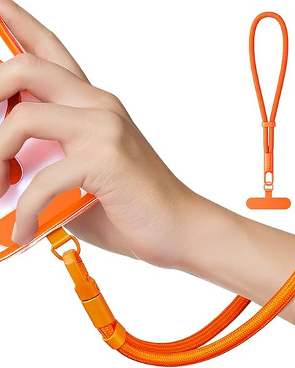 Minimalist Wrist Strap Phone Lanyard with Adjustable Drop-Proof Design, 7mm Reinforced Climbing Rope Material, 2 Phone Tether Tabs (Matching Metal and Rotatable Clear) - Orange