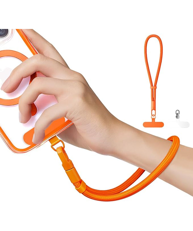 Minimalist Wrist Strap Phone Lanyard with Adjustable Drop-Proof Design, 7mm Reinforced Climbing Rope Material, 2 Phone Tether Tabs (Matching Metal and Rotatable Clear) - Orange