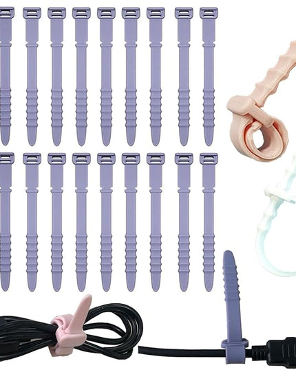 Reusable Silicone Zip Ties Cord Organizer: Silicone Cable Ties Straps for Cable Management - 20PCs 4.5” Purple Elastic Wire Cord Organizer for Home Office and Travel