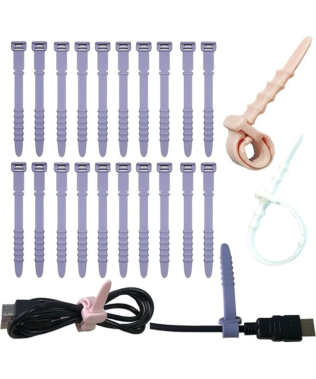 Reusable Silicone Zip Ties Cord Organizer: Silicone Cable Ties Straps for Cable Management - 20PCs 4.5” Purple Elastic Wire Cord Organizer for Home Office and Travel