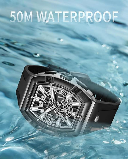 Paras Crown Watches for Men Tonneau 5ATM Waterproof Quartz Luxury Chronograph Analog Men's Wrist Watches Stainless Steel Case Mens Watches