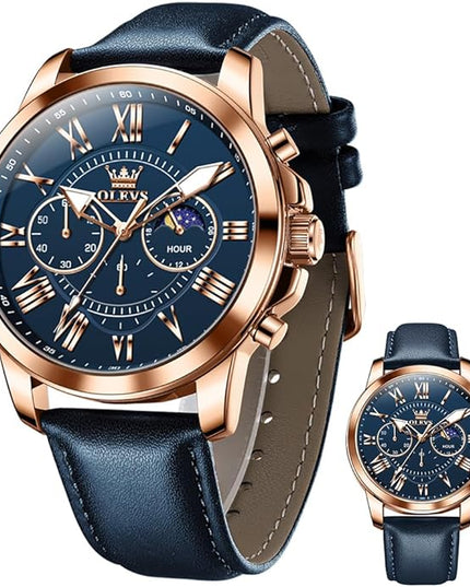 OLEVS Men's Watches Leather Strap Analog Quartz Watch, Fashion Big Dial Date Waterproof Watch, Dress Luxury Luminous Men Watches