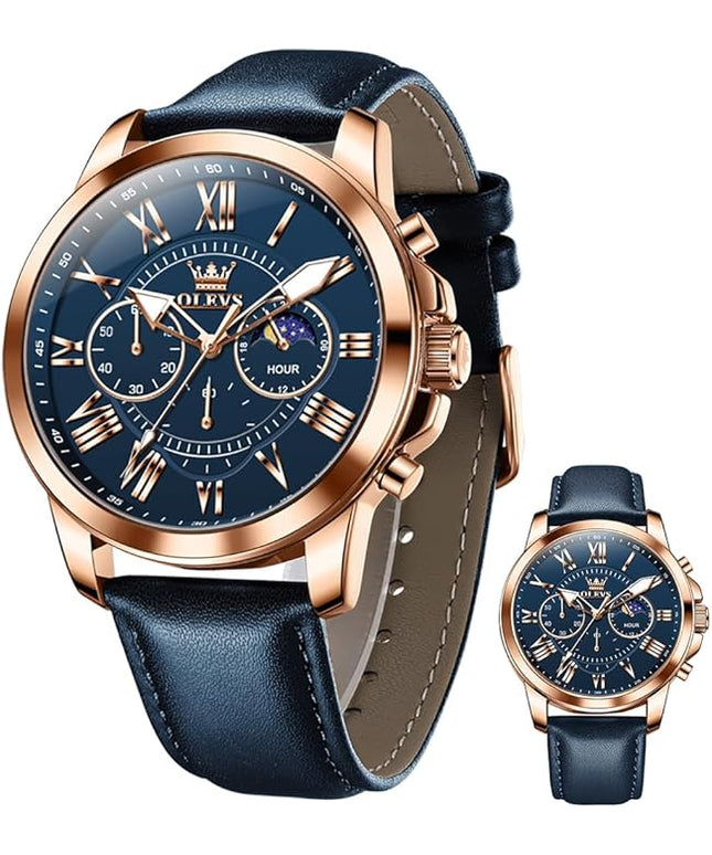OLEVS Men's Watches Leather Strap Analog Quartz Watch, Fashion Big Dial Date Waterproof Watch, Dress Luxury Luminous Men Watches