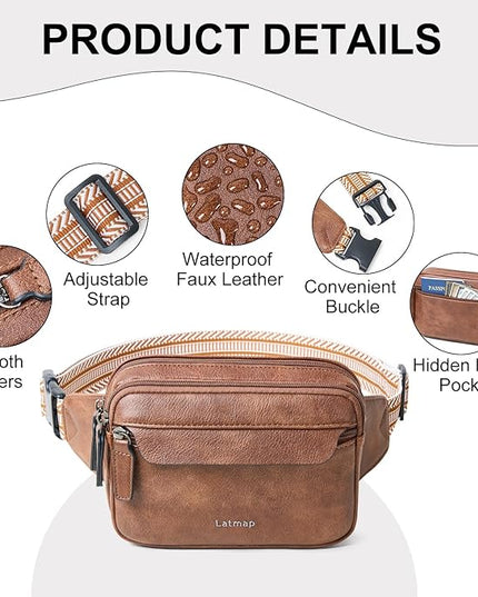 LATMAP 3L Fanny Packs for Women Cross Body Bag Vegan Leather Chest Belt Bag Fashion Waist Pack Small Bum Bag Crossbody for Travel Running Workout, Brown