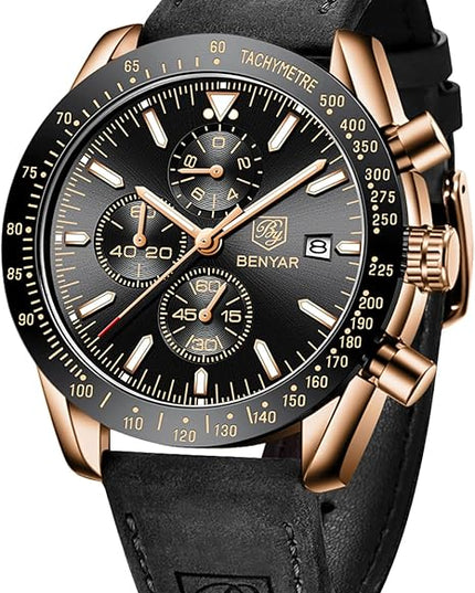 BY BENYAR Watch for Men Analog Quartz Chronograph Waterproof Luminous Designer Mens Wrist Watches Business Work Sport Casual Dress Watch with Silicone Strap Elegant Gifts for Men