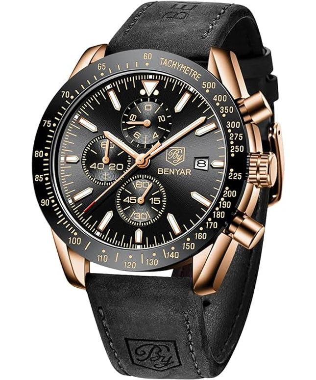 BY BENYAR Watch for Men Analog Quartz Chronograph Waterproof Luminous Designer Mens Wrist Watches Business Work Sport Casual Dress Watch with Silicone Strap Elegant Gifts for Men