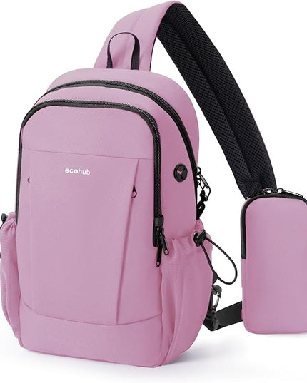 ECOHUB Anti-Theft Crossbody Bag Men Women, RFID Blocking Lightweight Sling Backpack Eco-Friendly with 9 Pockets Sturdy SBS Zippers Water Resistant for Travel Work Hiking Outdoor, Pink
