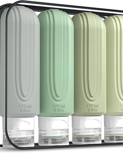 Travel Bottles for Toiletries, Large 6oz Oversize Containers, BPA Free Leak Proof Tubs Refillable Liquid Traveler Accessories with Toiletry Bag for Cometic Shampoo and Lotion Soap (4 Pack)