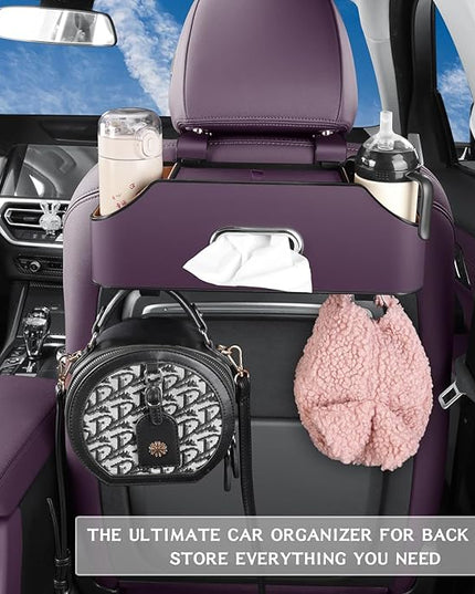 HOLDCY Car Back Seat Organizer with 2 Drink Cup Holder - Tissue Box and Storage Box Hook - Multi-functional Storage - Great for Kids and Travel (Purple)
