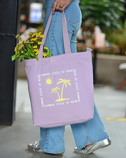 Ecoright Aesthetic Canvas Tote Bag for Women Large Zipper Tote Bags with Pocket, Womens Tote Bag for Yoga, Work, Beach