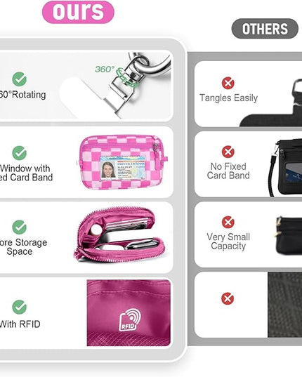 Clip and Go Strap for Phone with Wallet Crossbody Phone Lanyard and Detachable Checkered Bag with ID Window and RFID Pouch for Daily Travel.