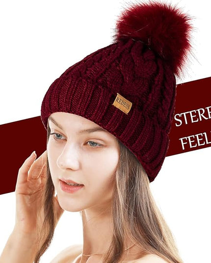 REDESS Women Winter Pompom Beanie Hat with Warm Fleece Lined, Thick Slouchy Snow Knit Skull Ski Cap