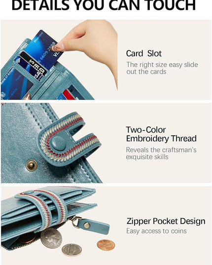 TFKGS Small Wallet for Women Vegan Leather RFID Blocking Bifold Compact Credit Card Holder with Zipper Coin Pocket Blue