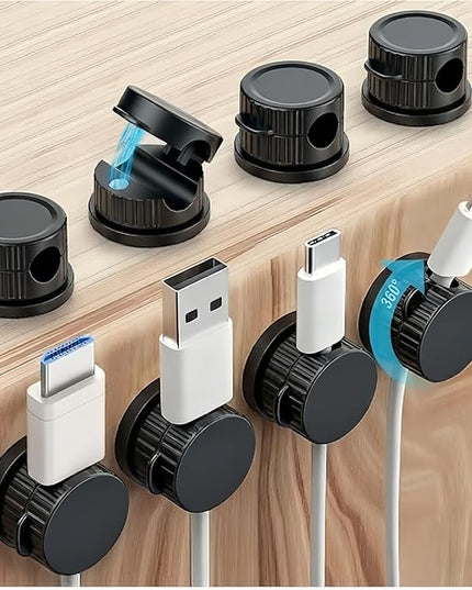 Magnetic Cable Organizer 8-Pack Glossy Black - Rotating Magnetic Clip Cord Keeper for Desk, Nightstand & Car - Adhesive Management System for USB & Power Wires