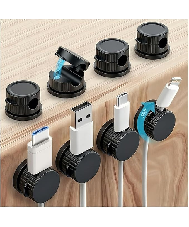 Magnetic Cable Organizer 8-Pack Glossy Black - Rotating Magnetic Clip Cord Keeper for Desk, Nightstand & Car - Adhesive Management System for USB & Power Wires